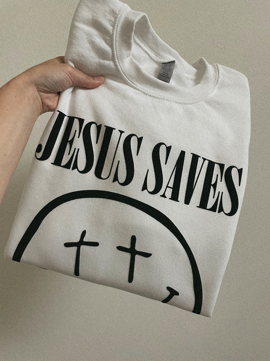 JESUS SAVES White Crewneck Sweatshirt
